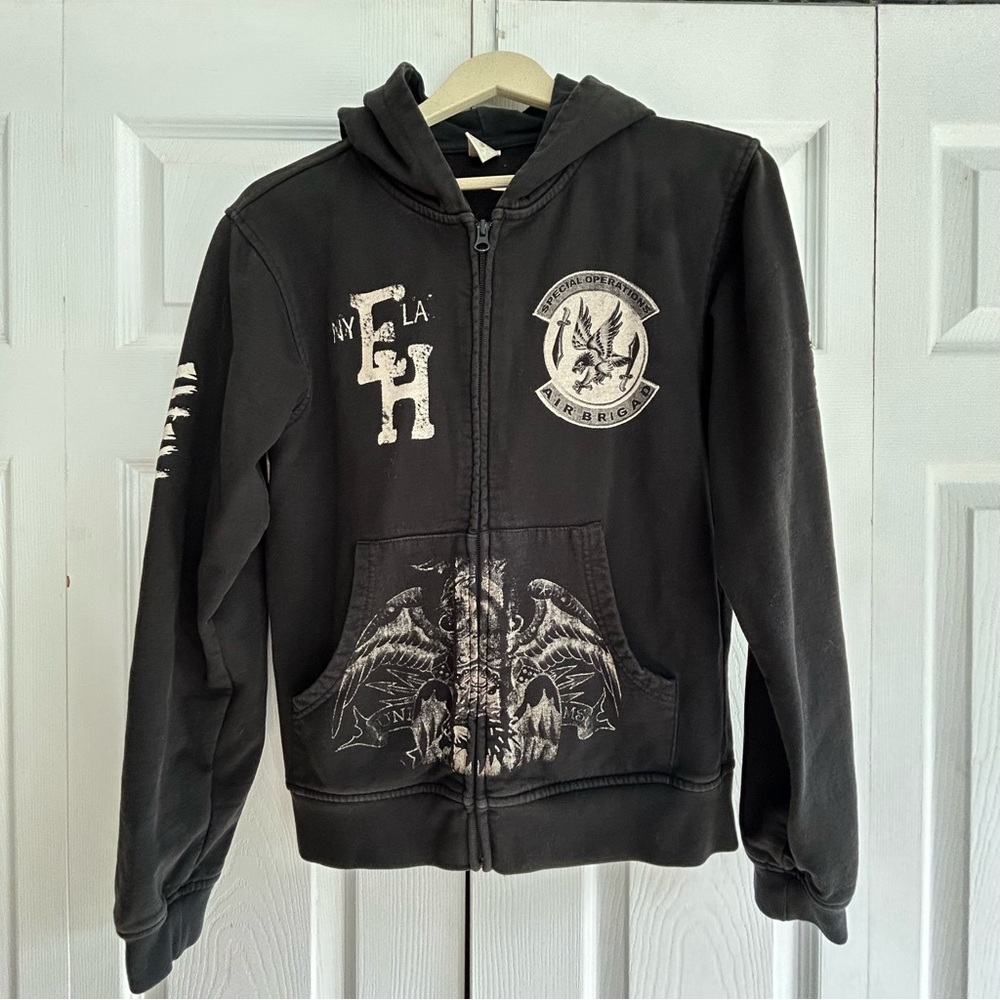 Ed Hardy Zip Hoodie Size Youth XL Black Search And Rescue Sleeve Hit Tiger Y2K